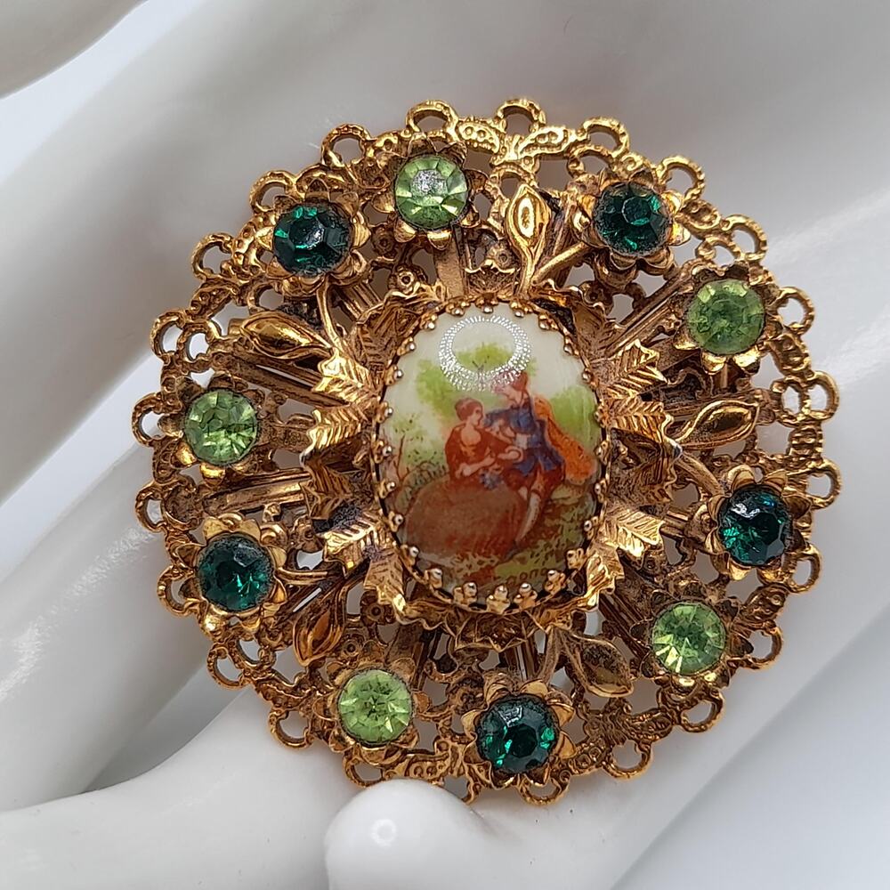 Vintage West Germany Cameo Brooch Green Rhinestones Filigree Gold